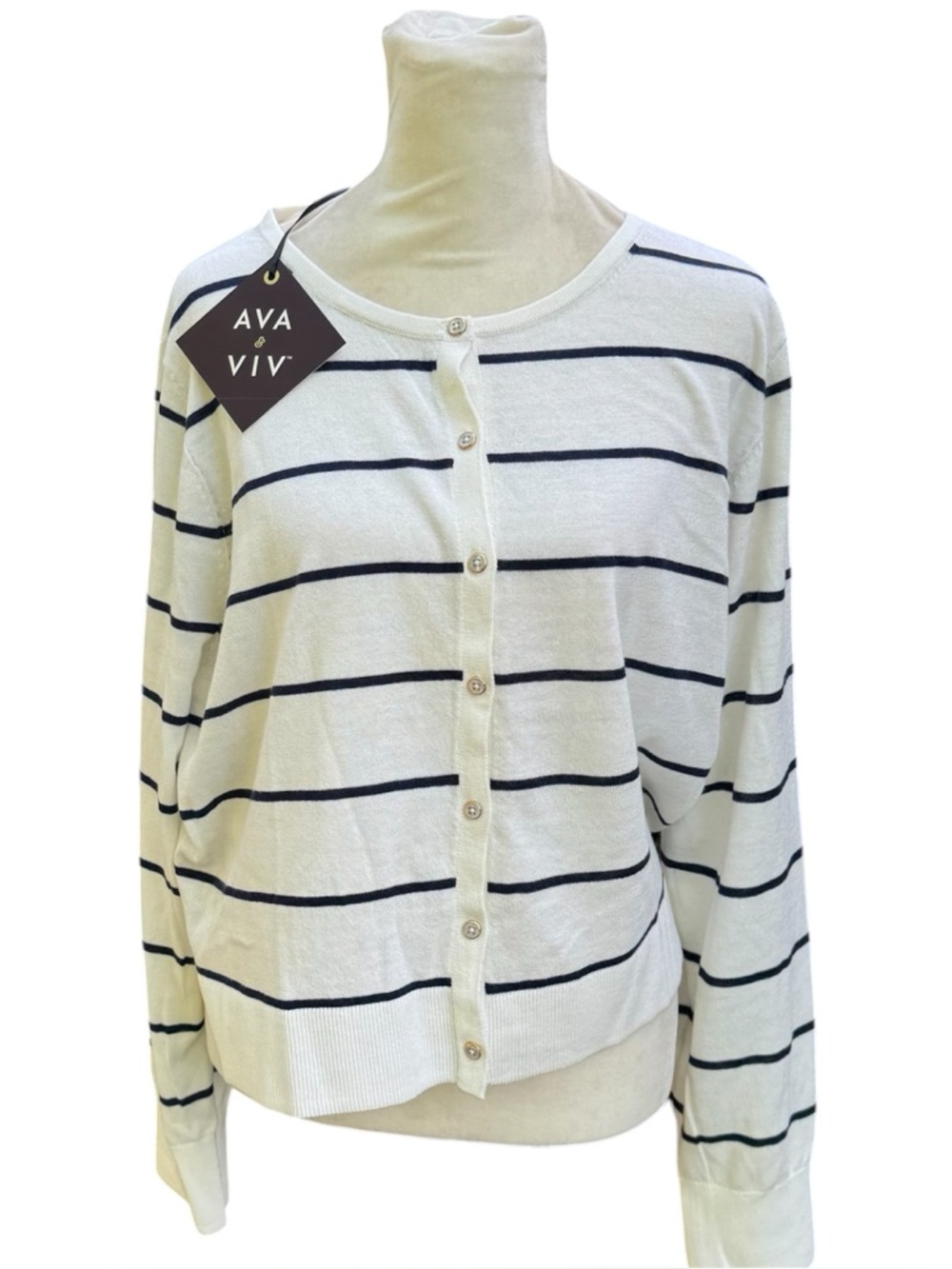 Ava & Viv White Striped Lightweight Comfy Womens Plus Button Cardigan Sweater